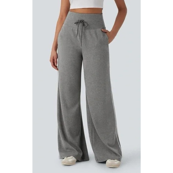 Halara Ribbed High Waisted Tummy Control Drawstring Wide Leg Fleece Trousers M - Picture 2 of 5